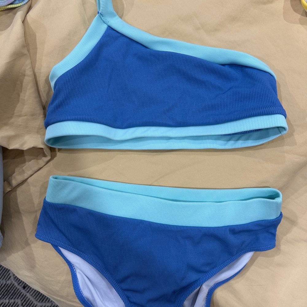 Blue and Light Blue One-Shoulder Bikini Set